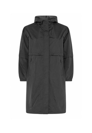 Zwarte lange regenjas met capuchon, ritssluiting aan de voorkant, trekkoorden bij de capuchon en taille, elastische manchetten en met ritsen afsluitbare zijzakken.