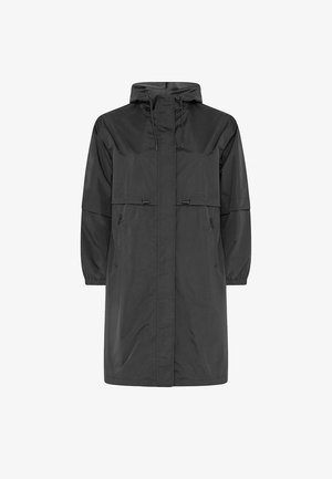 Impermeabile lungo nero con cappuccio, cerniera frontale, coulisse su cappuccio e vita, polsini elasticizzati e tasche laterali con cerniera.