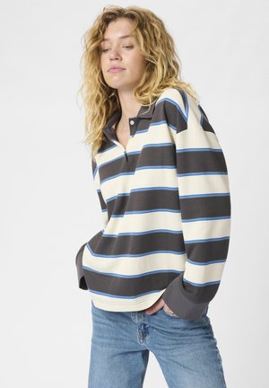 Long-sleeve polo shirt in cream, brown, and blue stripes. Features a collared neck and cuffs in a darker shade. Soft fabric texture.