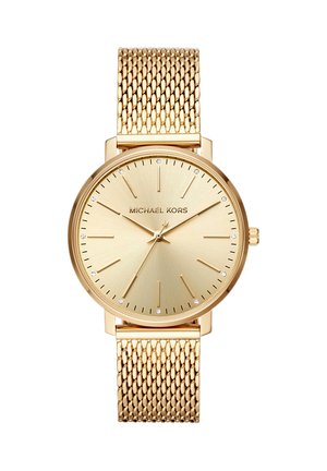 Goldfarbene Michael Kors Armbanduhr mit Mesh-Armband, minimalistischem Zifferblatt, Kristall-Stundenmarkierungen und drei schlanken Zeigern, die 10:09:35 anzeigen.