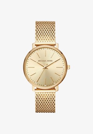 Reloj de pulsera Michael Kors tono dorado con banda de malla, esfera minimalista, marcadores de hora de cristal y tres manecillas delgadas que muestran 10:09:35.