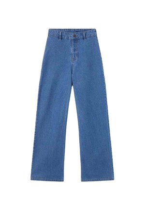 Jeans de tiro alto y pierna ancha en color azul, con pasadores para cinturón, botón frontal y cierre de cremallera, exhibidos sobre un fondo blanco.