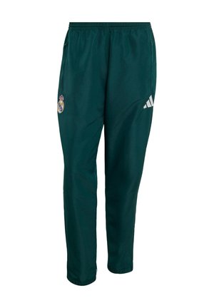 Mørkegrønne træningsbukser med Real Madrid-logo på venstre lår og hvid Adidas-logo på højre lår, elastisk talje og sidelommer.