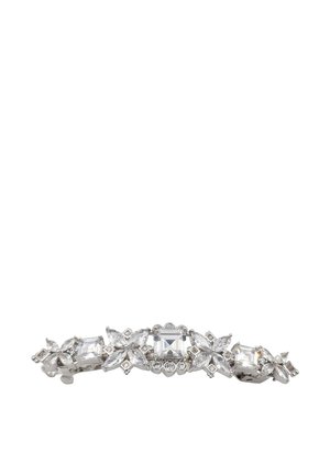 Mollette per capelli in metallo argentato con strass, impreziosita da cristalli trasparenti a forma rettangolare e floreale, disposti in un design alternato con dettagli intricati.