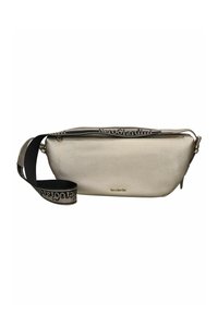 Borsa a tracolla beige texturizzata con tracolla regolabile nera e beige che presenta la scritta "NeroGiardini" e una chiusura con zip superiore.