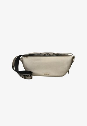Borsa a tracolla beige texturizzata con tracolla regolabile nera e beige che presenta la scritta "NeroGiardini" e una chiusura con zip superiore.