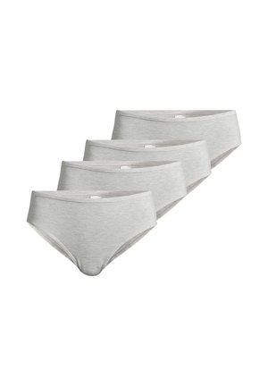 Vier hellgraue Baumwoll-Unterhosen für Damen, diagonal auf einem weißen Hintergrund angeordnet, Vorderseite und Bunddetails sichtbar.