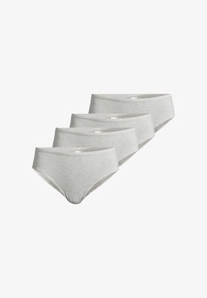 Vier hellgraue Baumwoll-Unterhosen für Damen, diagonal auf einem weißen Hintergrund angeordnet, Vorderseite und Bunddetails sichtbar.
