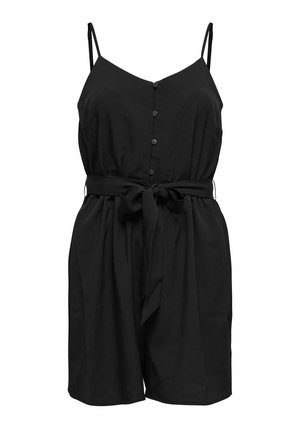 Black sleeveless jumpsuit with a v-neck, front buttons, a waist tie, and loose shorts. Made of lightweight fabric with a textured finish.