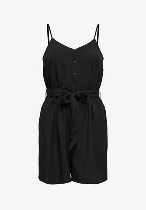 Black sleeveless jumpsuit with a v-neck, front buttons, a waist tie, and loose shorts. Made of lightweight fabric with a textured finish.