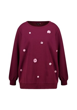 Langdurige maroon sweatshirt met roze 3D-florale applicaties verspreid over de voorkant en ribgebreide manchetten en onderkant.