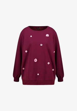 Langdurige maroon sweatshirt met roze 3D-florale applicaties verspreid over de voorkant en ribgebreide manchetten en onderkant.