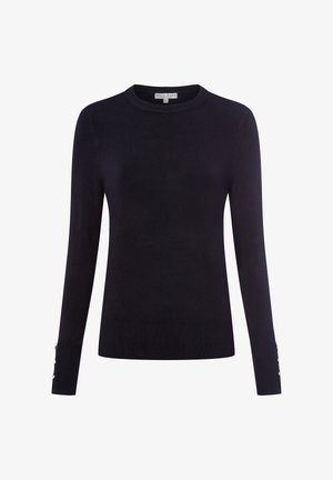 Dunkelblauer Strickpullover mit langen Ärmeln, rundem Halsausschnitt und Knopfakzenten an den Bündchen. Glatte Textur und figurbetontes Design.