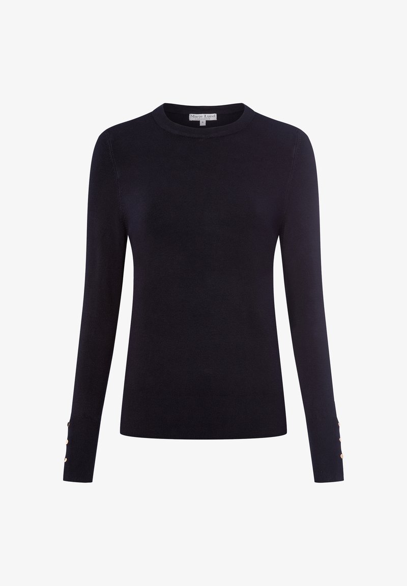 Dunkelblauer Strickpullover mit langen Ärmeln, rundem Halsausschnitt und Knopfakzenten an den Bündchen. Glatte Textur und figurbetontes Design.