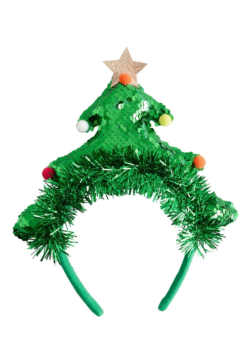 Green sequin Christmas tree headband with colorful pom-poms, a gold star, and tinsel accents. Features a flexible green band underneath.