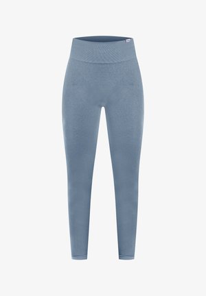 Lichtblauwe leggings gemaakt van rekbare stof met een hoge, geribbelde tailleband. Het design is nauwsluitend en heeft geen zichtbare naden of patronen.