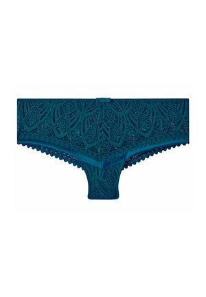 Culotte hipster en dentelle verte avec un motif de feuilles délicat, des bords festonnés et un petit nœud décoratif à l'avant. Doublure intérieure lisse.