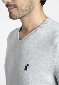 Pull gris en V en tissu doux. Présente un logo de cheval bleu marine sur la poitrine gauche. Col côtelé et détails de couture visibles.