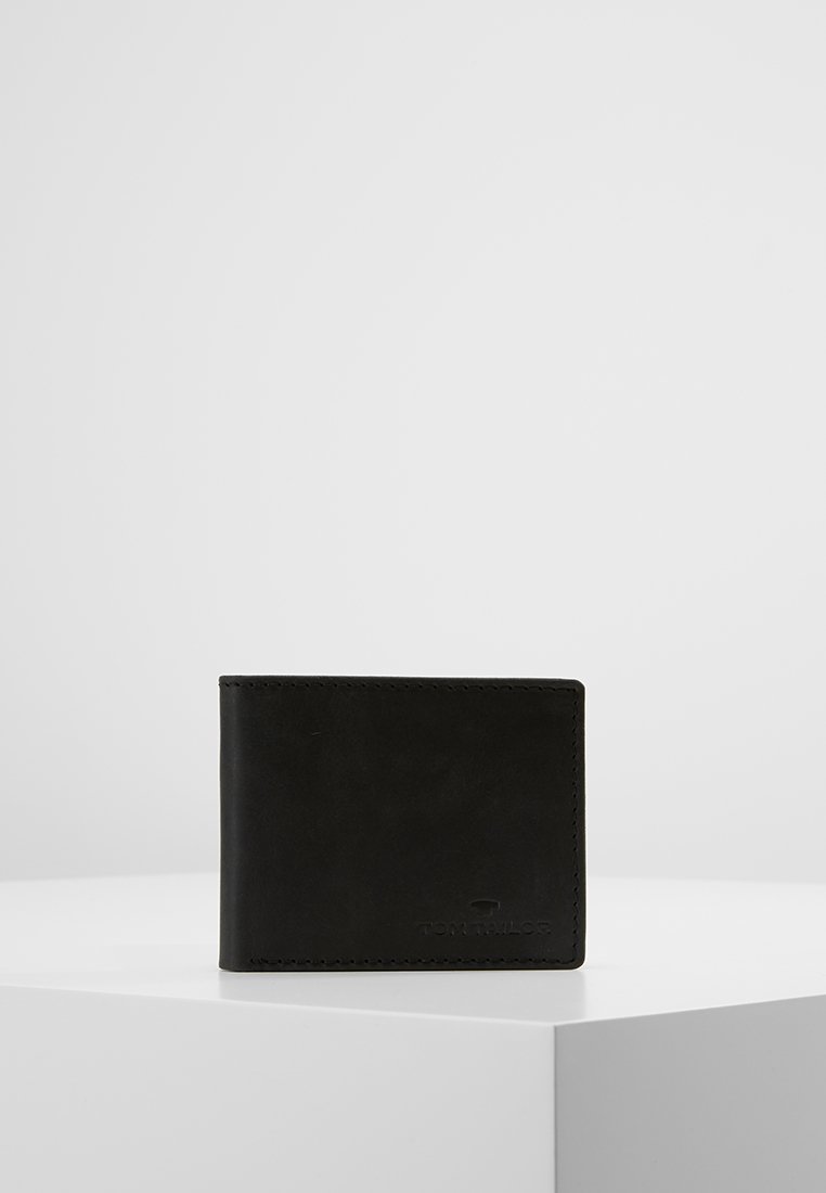 Black leather wallet with a smooth texture and stitched edges. Features a logo on the front and a compact, bi-fold design.