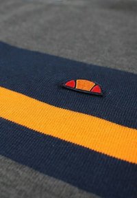 Pull tricoté en tissu gris avec une rayure bleu marine et un accent orange vif. Comprend un petit logo avec des détails rouges et orange.