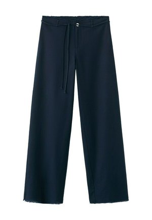 Pantalones de pierna ancha azul marino con cintura ajustable con cordón, cierre de botón metálico, trabillas para cinturón y dobladillos deshilachados sobre un fondo blanco.