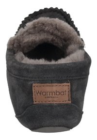 Dark gray suede slip-on shoe with a soft, fluffy interior. Features a textured rubber sole and a brown label on the heel.