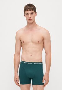 Grüne Boxershorts mit enganliegender Passform und weicher Textur, ausgestattet mit einem weißen elastischen Bund mit "BJÖRN BORG" Logo. Model posiert oberkörperfrei.