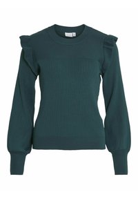 Pull en maille côtelée vert foncé avec manches longues et détails froncés aux épaules, avec un col rond et des poignets ajustés.