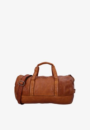 Bolsa de viaje de cuero marrón con doble asa y correa de hombro ajustable, mostrada sobre un fondo blanco.