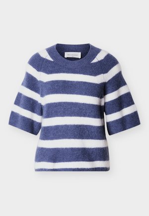 Blue and white striped knit sweater with short sleeves, round neck, soft texture, and a cozy design. Label visible at the neckline.