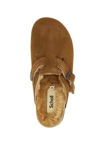 Scarpa slip-on in suede marrone con una cintura a fibbia, foderatura interna morbida e punta arrotondata. L'etichetta mostra la taglia 38.