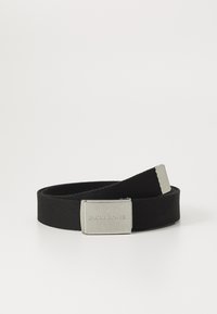 Black woven fabric belt with a rectangular silver metal buckle, featuring embossed brand name "JACK & JONES." Simple, adjustable design.