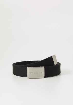 Black woven fabric belt with a rectangular silver metal buckle, featuring embossed brand name "JACK & JONES." Simple, adjustable design.