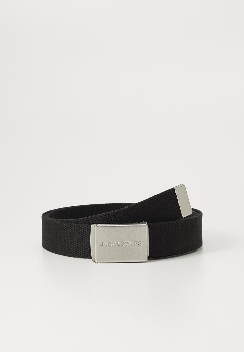 Black woven fabric belt with a rectangular silver metal buckle, featuring embossed brand name "JACK & JONES." Simple, adjustable design.