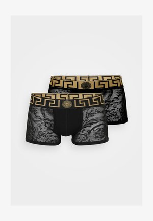 Boxer-briefs noirs avec des panneaux en dentelle florale transparente et une ceinture élastique en or contrastant arborant un motif de clé grecque et un logo.