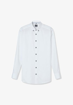 Weißes Hemd mit langen Ärmeln, schwarzen Knöpfen, Button-Down-Kragen und schmaler Passform, flach auf weißem Hintergrund ausgelegt.