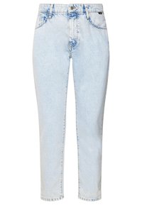 Jean en denim bleu clair taille haute avec poches avant, passants de ceinture, fermeture par boutons et jambes fuselées.