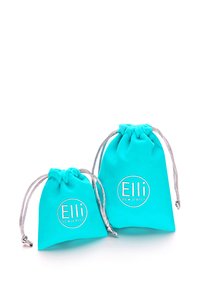 Two turquoise fabric jewelry pouches with silver drawstring closures. One pouch is smaller, featuring the "Elli" logo prominently displayed.