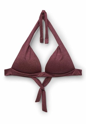 Top de bikini halter burdeos con copas triangulares y tirantes ajustables en cuello y espalda, con una textura de tela sutilmente brillante.