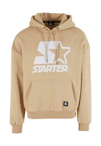 Hanorac bej din bumbac, cu un mare logo alb "Starter", buzunar frontal, glugă cu șnur și manșete ribbate.