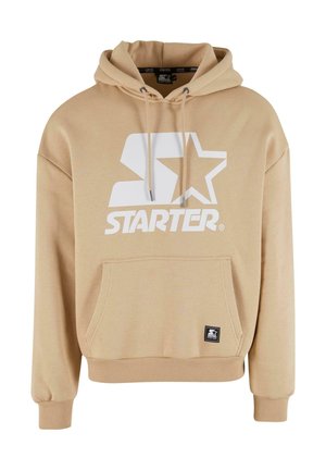 Beige hoodie made of cotton, featuring a large white "Starter" logo, front pocket, drawstring hood, and ribbed cuffs.