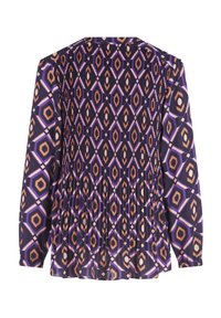 Long-sleeve purple blouse with geometric pattern in orange, cream, and dark blue. Features pleats and a relaxed fit. Soft, lightweight fabric.