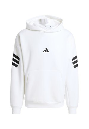 Hvid hættetrøje lavet af blødt stof, med en frontlomme, ribbede manchetter og sorte tre-stribe accenter på ærmerne og logoet.