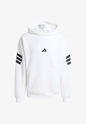 Bijela dukserica od mekanog materijala, s prednjim dzepom, rebrastim manžetama i crnim trostrukim detaljima na rukavima i logotipu.