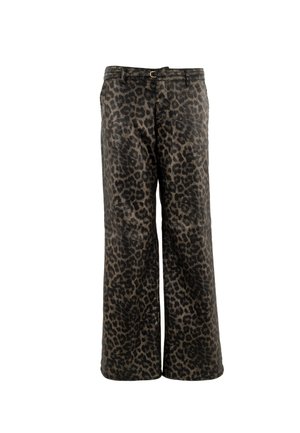 Leopard-print wide-leg trousers in dark hues with a smooth texture, featuring a belt loop and a button closure at the waist.