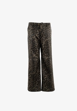 Bredde ben bukser med leopardprint i mørke nuancer, med en glat tekstur, der har bæltestropper og en knaplukning i taljen.