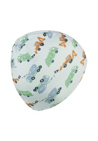 Cotton beanie in light blue featuring a repeated pattern of colored construction vehicles in green, orange, and gray. Soft texture.