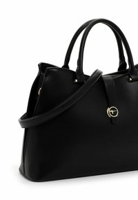 Borsa a mano in pelle nera con una forma strutturata, doppi manici, una tracolla regolabile e dettagli in metallo dorato.