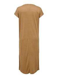 Robe marron à manches courtes, longueur cheville avec fentes latérales, vue de dos sur un fond blanc uni.
