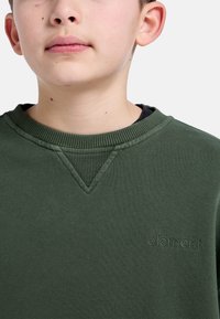 Groene sweatshirt van textuur-ribbelkatoen met een geribbelde halslijn en een subtiel V-patroon. Bevat een gehamerd logo op de voorkant.